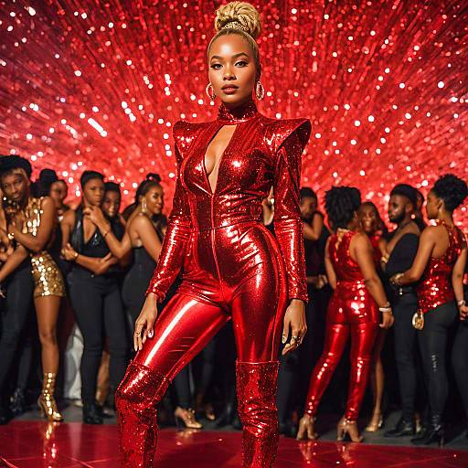 Woman in Red Sequined Bodysuit at Party
