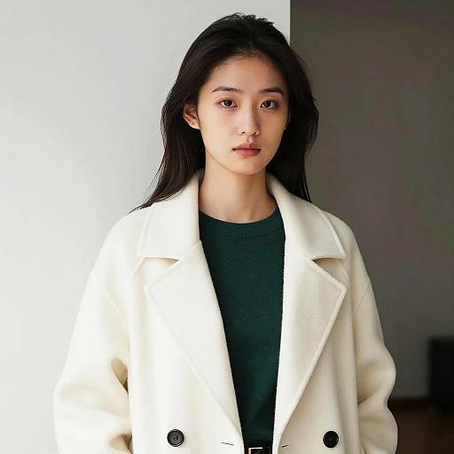 Elegant Young Woman in White Coat