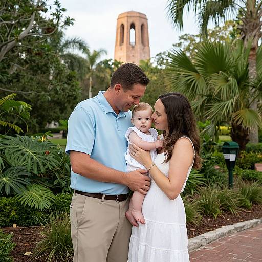 Photograph of a smiling couple in light blue and white dresses, holding a baby in a white outfit, in a lush garden with a tall clock tower