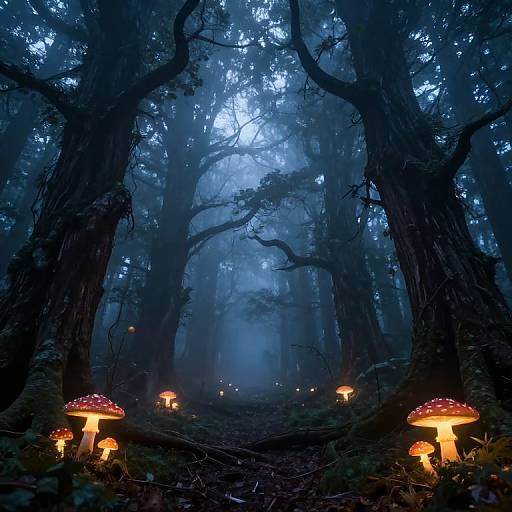 Mysterious, moonlit forest with glowing red and orange mushrooms, tall dark trees, and misty blue atmosphere. Photograph captures eerie, magical night scene