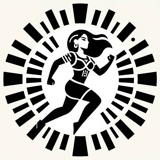 Black and white silhouette of a woman dancing, surrounded by radiating black rectangles, creating a dynamic, energetic pattern.