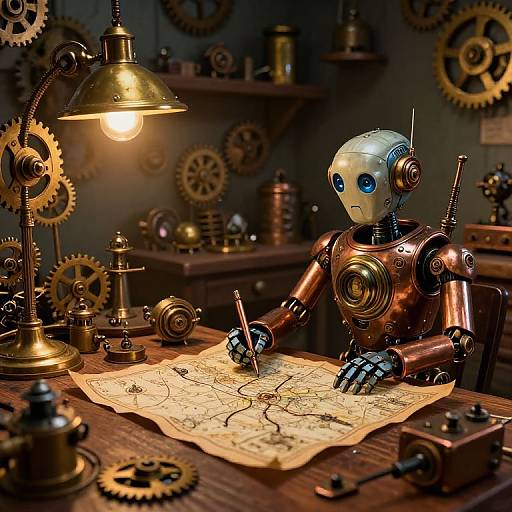 Photorealistic digital art of a metallic robot with blue eyes, writing on a map in a steampunk workshop, illuminated by a brass lamp,