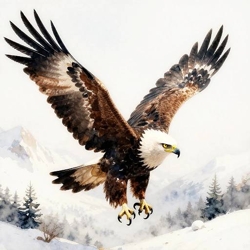 Harpy Eagle in Flight over Snowy Alpine Landscape