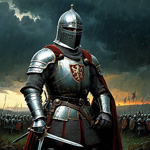 Regal Medieval Knight in Stormy Battlefield