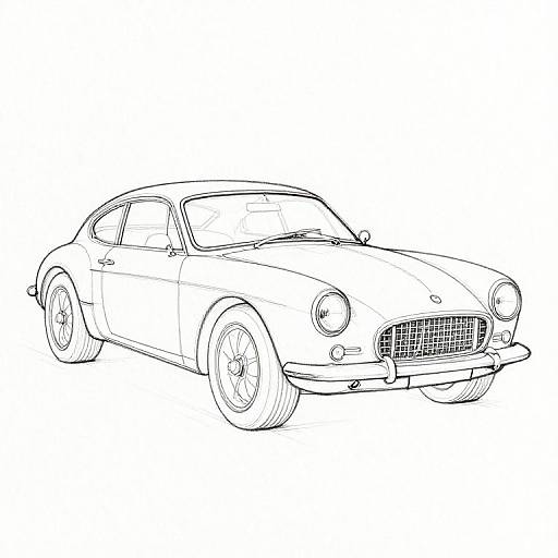 Black and white line drawing of a classic vintage sports car with rounded headlights, grille, and rear bumper, viewed from the front-left.