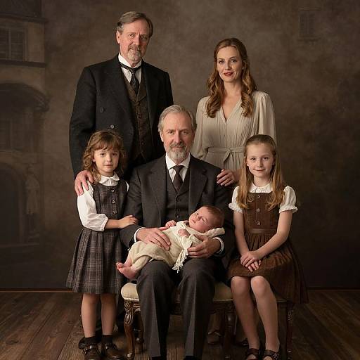 Photograph of a traditional family portrait: elderly bearded man, wife in white blouse, standing parents, two young girls in dark dresses, baby in