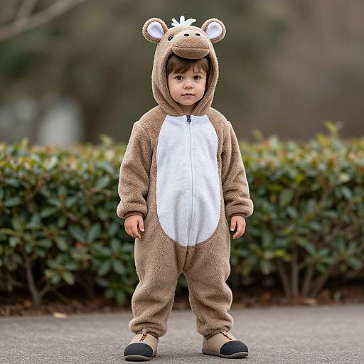 Photograph of a young boy standing outdoors, wearing a cute brown bear onesie with white belly and ears, looking serious, against blurred green hedge background