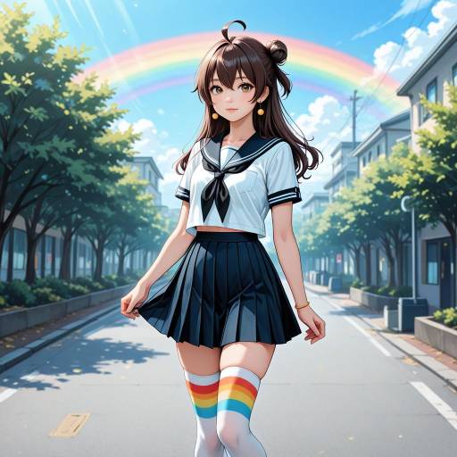 Sunny Schoolgirl with Rainbow Background