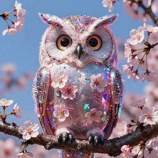 Satirical Neon Cherry Blossom Owl Dreamscape