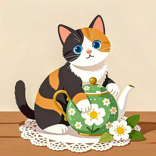 Calico Kitten Sitting on Floral Teapot