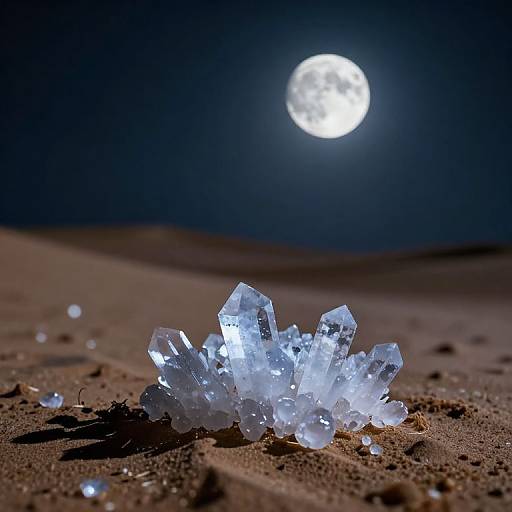Photograph of glowing, transparent crystal cluster on dark, sandy desert under bright full moon in clear night sky.