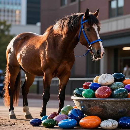 Photograph of a brown horse with a blue halter, standing beside a bowl filled with colorful, glossy, glass balls in an urban setting.