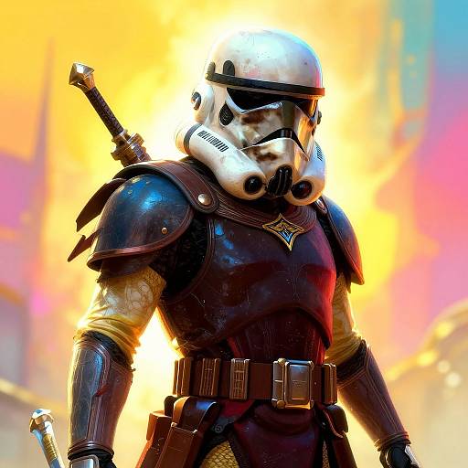 Photorealistic CGI of a white Stormtrooper in black, armored battle gear with a sword, standing against a vibrant, blazing sunset background.
