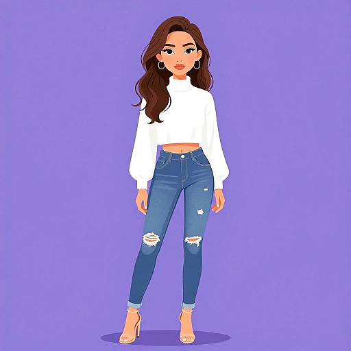Digital illustration of a young woman with long brown hair, wearing a white crop top, ripped blue jeans, and beige heels, standing against a solid purple