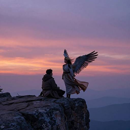 Photograph of a silhouetted angel with outstretched wings standing beside a seated figure on a rocky cliff at sunset, featuring a vibrant pink