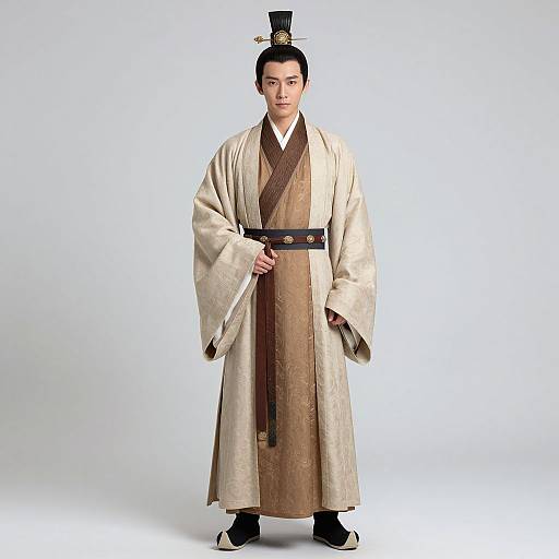 Photograph of an East Asian man in traditional beige and brown Korean royal attire, standing against a plain white background, with black shoes and a black hat