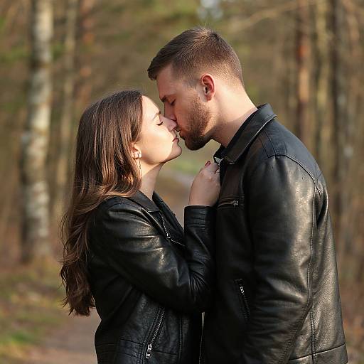 Photograph of a couple kissing in a forest; both wear black leather jackets, standing close, illuminated by sunlight, blurred trees in background.