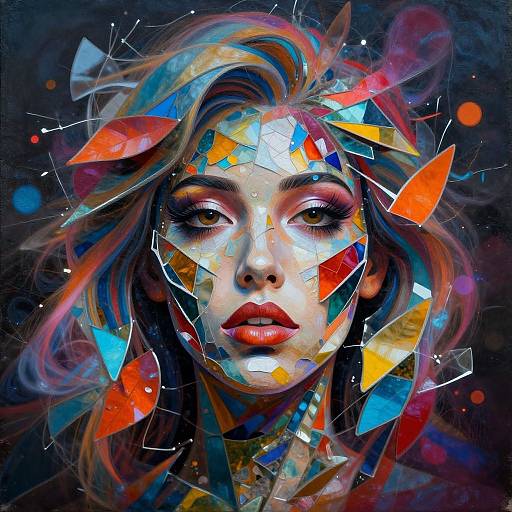 Digital portrait of a woman with colorful, shattered glass pieces on her face and hair, set against a dark, abstract background. Vibrant colors, intense