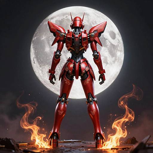 Digital artwork of a red, humanoid mecha robot with sharp shoulders and glowing eyes, standing on fiery ground in front of a full moon.