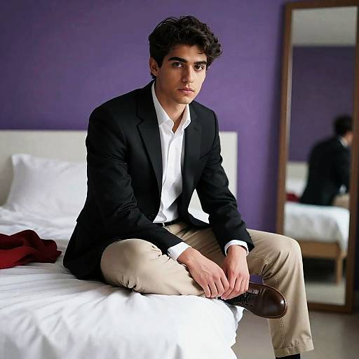 Stylish Young Man on White Bed