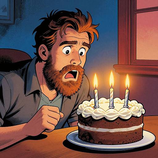 Cartoon-style image of a bearded man with surprised expression, looking at a candlelit chocolate cake on a table.