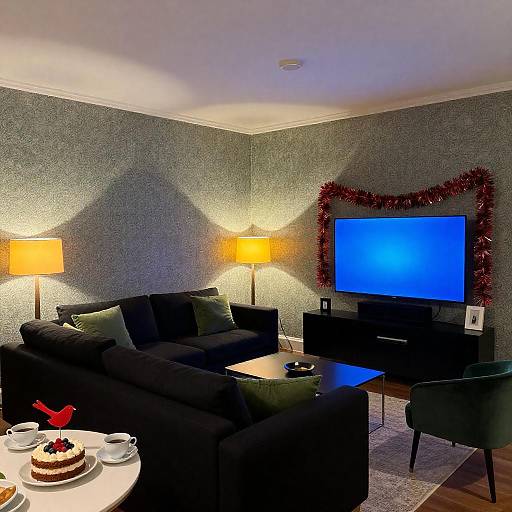 Festive Modern Living Room with Green Accents