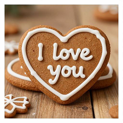 Photograph of a heart-shaped gingerbread cookie with white icing, reading 