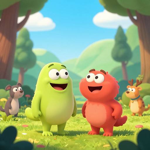 Grimace and Barney in Whimsical Forest