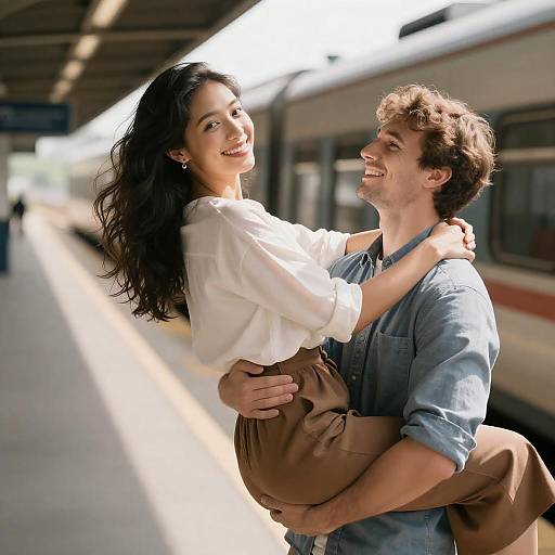 Joyful Moment on a Sunlit Train Platform