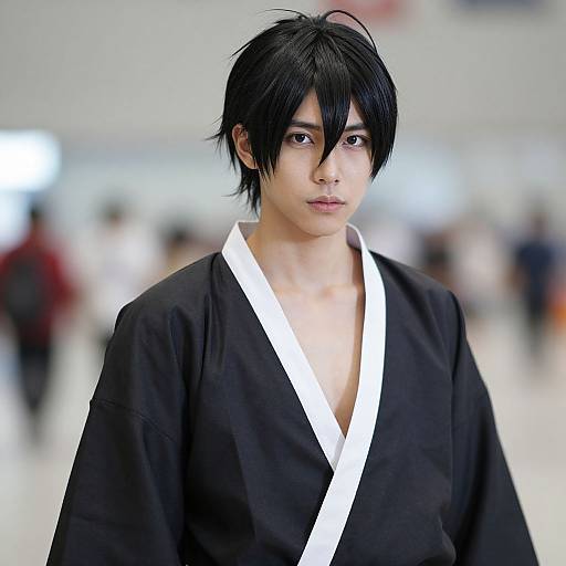 Photograph of an East Asian man with black, tousled hair, wearing a black kimono with white trim, standing in a blurred, bright indoor