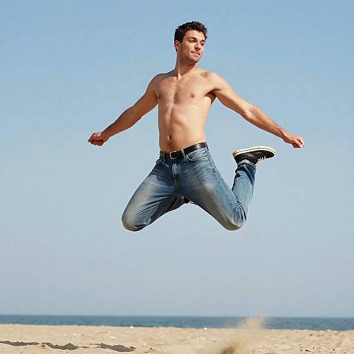 Casual Beach Jumping Man in Jeans