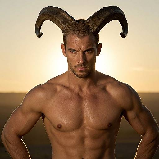 Photograph of a muscular, shirtless man with large, curved ram horns, intense gaze, and tanned skin, standing against a sunset background.
