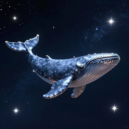 Digital art of a glowing, starry-blue whale floating in a dark, starry night sky, with sparkling stars scattered around.