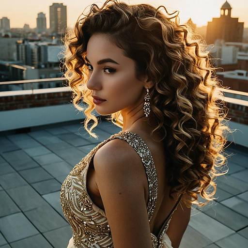 Woman with Loose Curls in Evening Gown on Rooftop