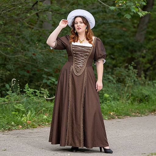 Photograph of a fair-skinned woman with brown hair, wearing a white bonnet, brown Renaissance-style dress with lace-up bodice, standing on