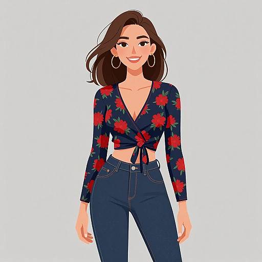 Digital illustration of a smiling woman with long brown hair, wearing a navy floral crop top and high-waisted blue jeans, large hoop earrings, and