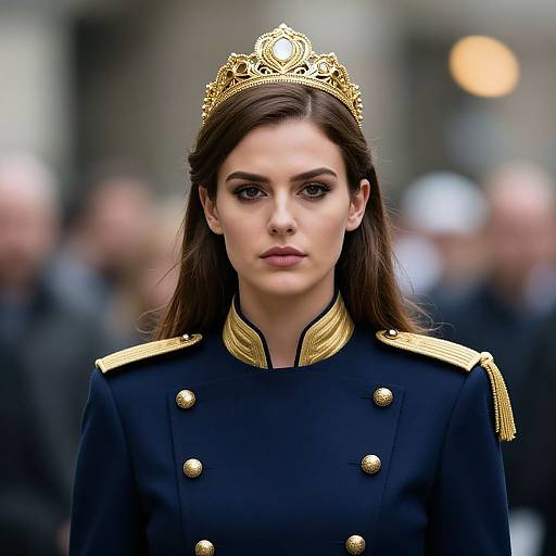 Photograph of a serious young woman with dark hair, wearing a gold tiara and black military-style coat with gold buttons and epaulettes,