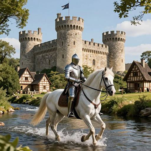 Knight in silver armor riding a white horse, splashing through a stream, in front of a medieval stone castle. Photo.