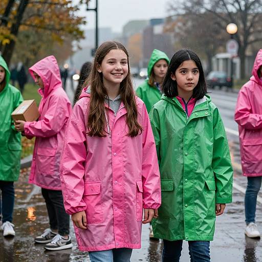 Photograph of two teenage girls in pink and green raincoats standing on a wet, rainy street with other similarly dressed children in the background, autumn