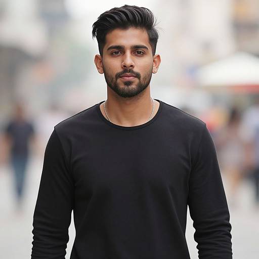 Photograph of a handsome, bearded South Asian man with dark hair and beard, wearing a black long-sleeve shirt and silver chain, standing