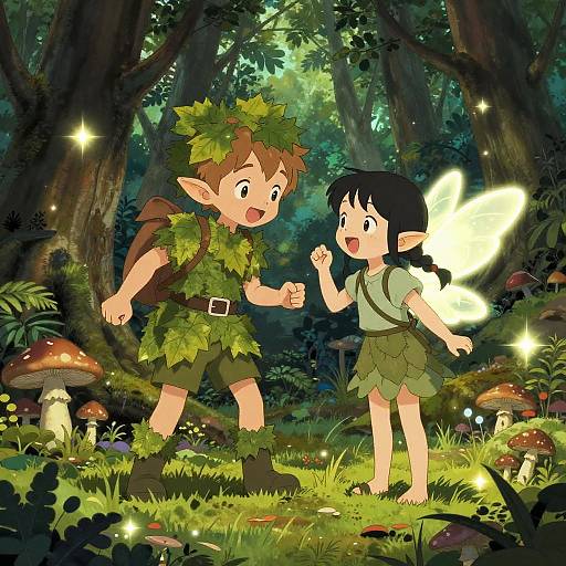 Playful Forest Sprites in Enchanted Woodland