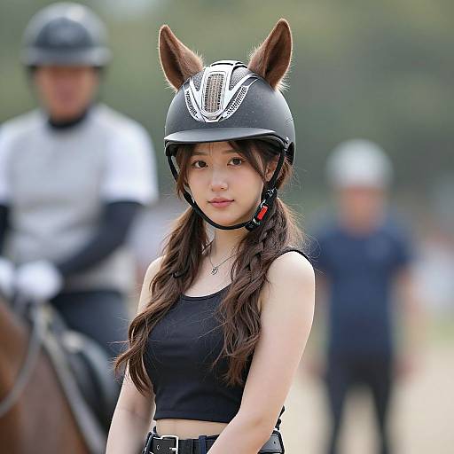 Photograph of an Asian woman with long brown hair and fox ear helmet, wearing a black crop top and riding pants, in front of two blurred e