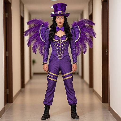 Photograph of a person in a vibrant purple Mardi Gras costume with feathered wings, top hat, bowtie, and matching pants, standing