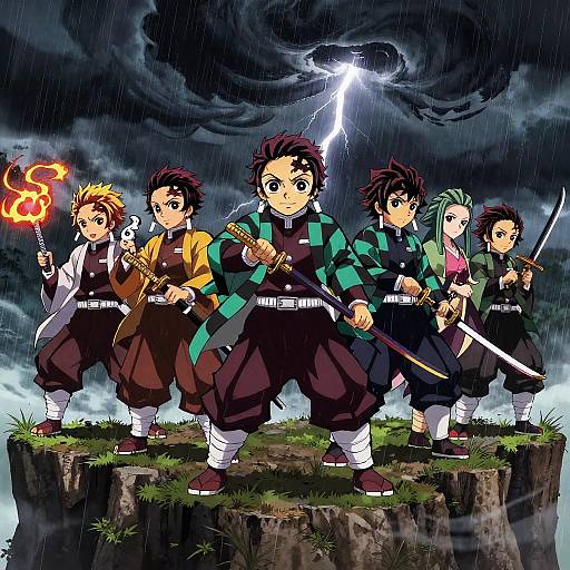Digital anime artwork of six samurai-style warriors with spiky hair, standing on a grassy cliff under a stormy sky with lightning. They hold
