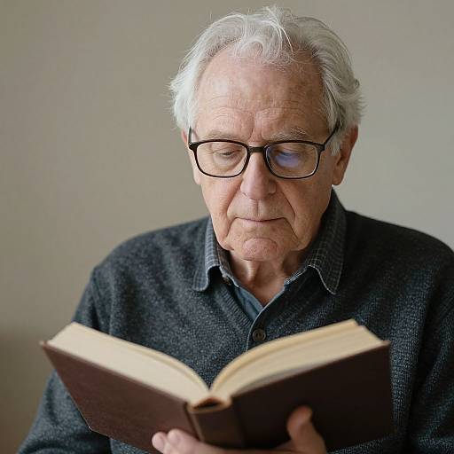 Photograph of an elderly white man with white hair, glasses, and a dark textured sweater, intently reading a brown book.