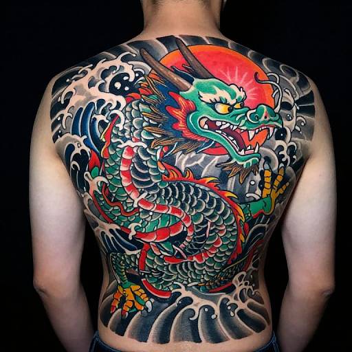 Vibrant Japanese Dragon Back Tattoo