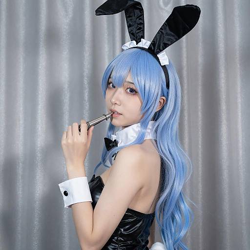 Asian Woman in Blue Hair Bunny Costume