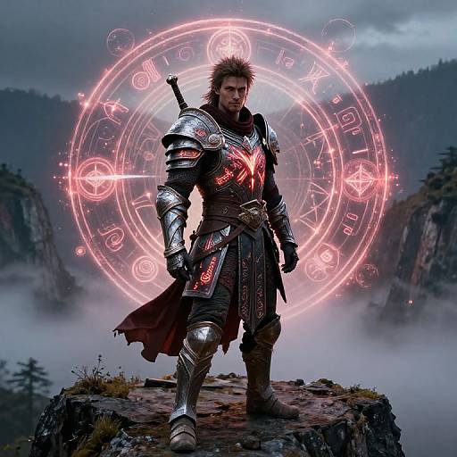 Digital artwork of a muscular, bearded warrior in silver armor with red glowing runes, standing on a misty mountain peak, surrounded by a magical,