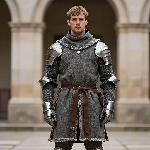 Photograph of a young, handsome man in medieval-style armor with silver shoulder plates, black chainmail tunic, brown belt, and gloves, standing