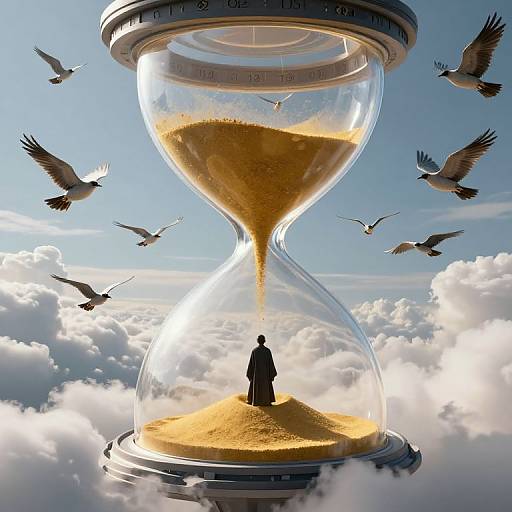 Surreal Hourglass Sanctuary with Mechanical Birds